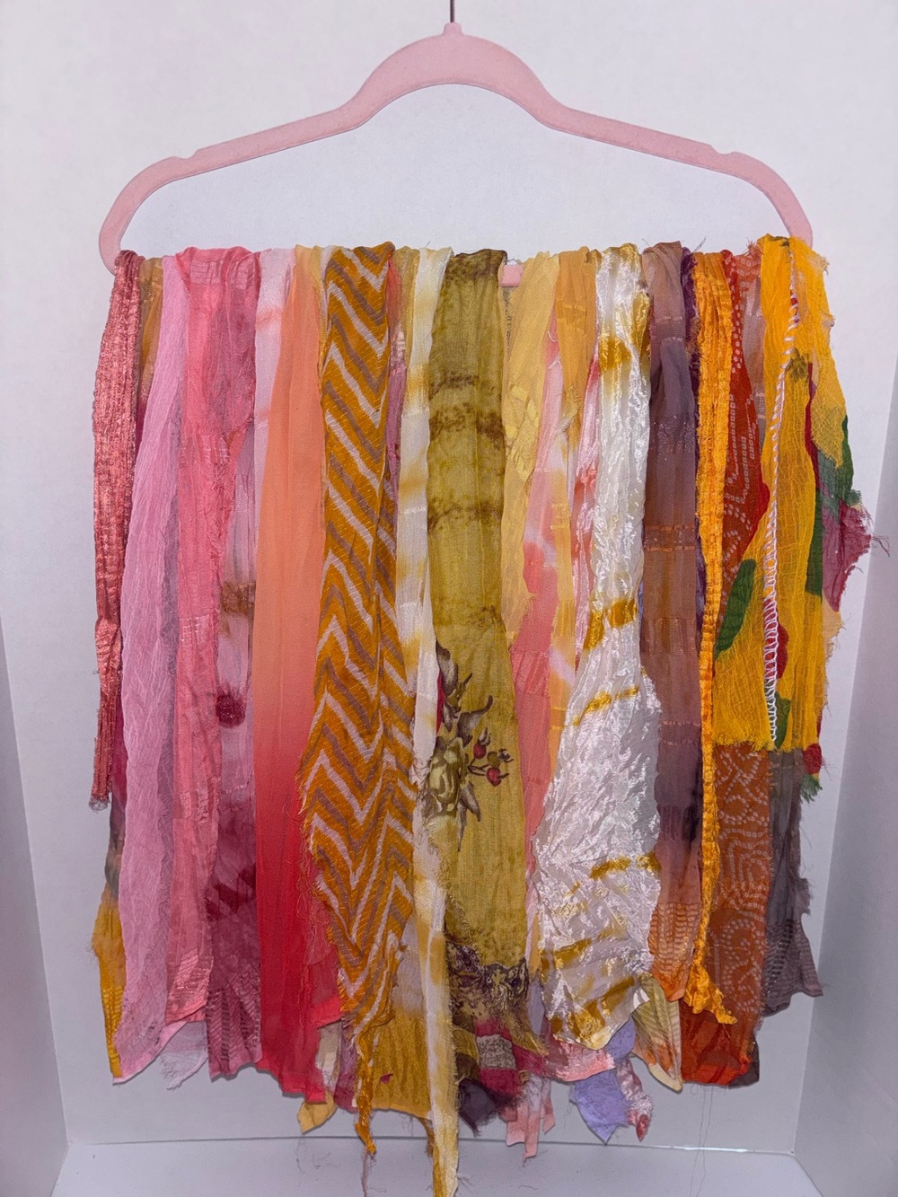 Vibrant Sari Silk fabric strips in gold, yellow, rose hues. New.